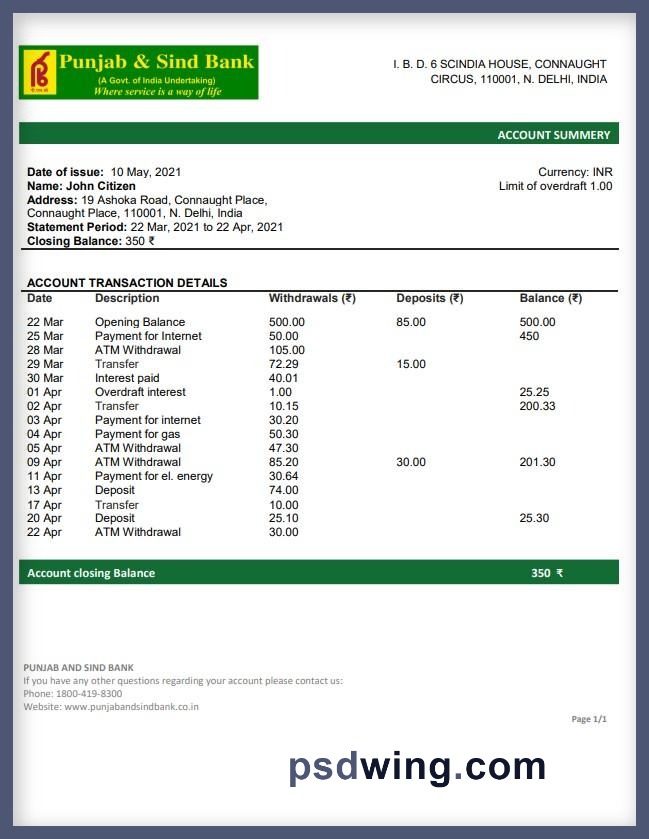 India Punjab and Sind Bank Statement (Word)